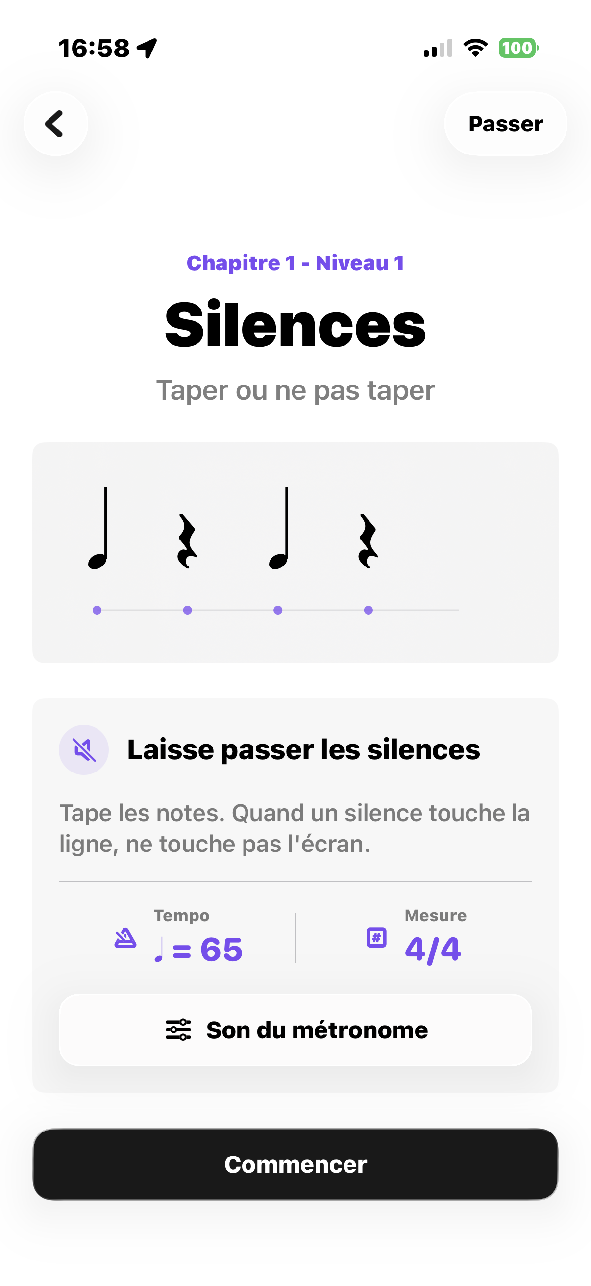 Écran de préparation d'un niveau Soupir sur les silences, avec consigne, tempo, mesure et bouton Commencer.