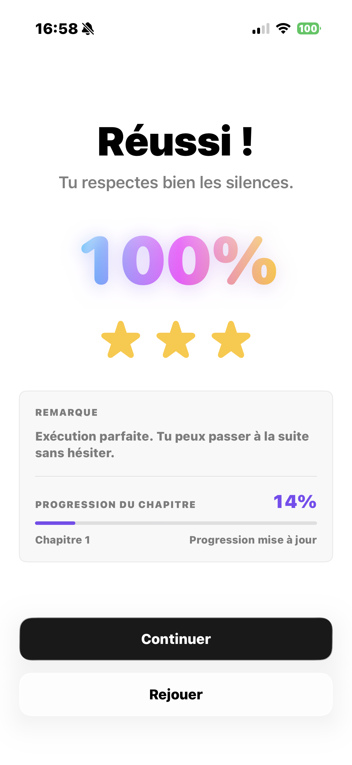Écran de réussite Soupir affichant un score, trois étoiles, une remarque et les boutons Continuer et Rejouer.